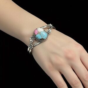 Floral Sterling Silver Bracelet with cotton candy, turquoise‎ stone.